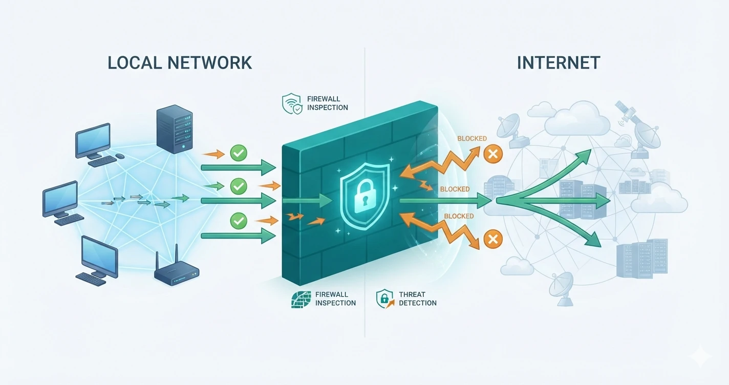 Firewall на межі між локальною мережею та інтернетом: дозволені з'єднання проходять, підозрілі — блокуються