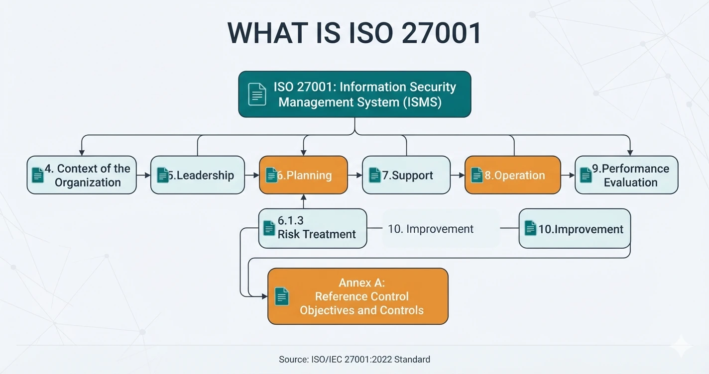 Структура стандарту ISO 27001: розділи 4–10 з вимогами до системи управління інформаційною безпекою та Додаток A із заходами захисту