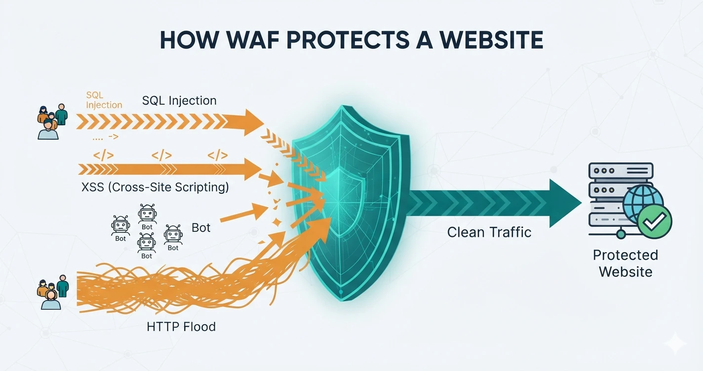 WAF блокує атаки на сайт — SQL-ін'єкції, XSS, ботів і HTTP-флуд — пропускаючи лише безпечні запити